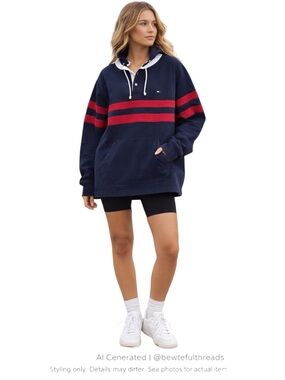 Coastal Preppy Stripe Pullover Hoodie Vintage Sport Oversized L